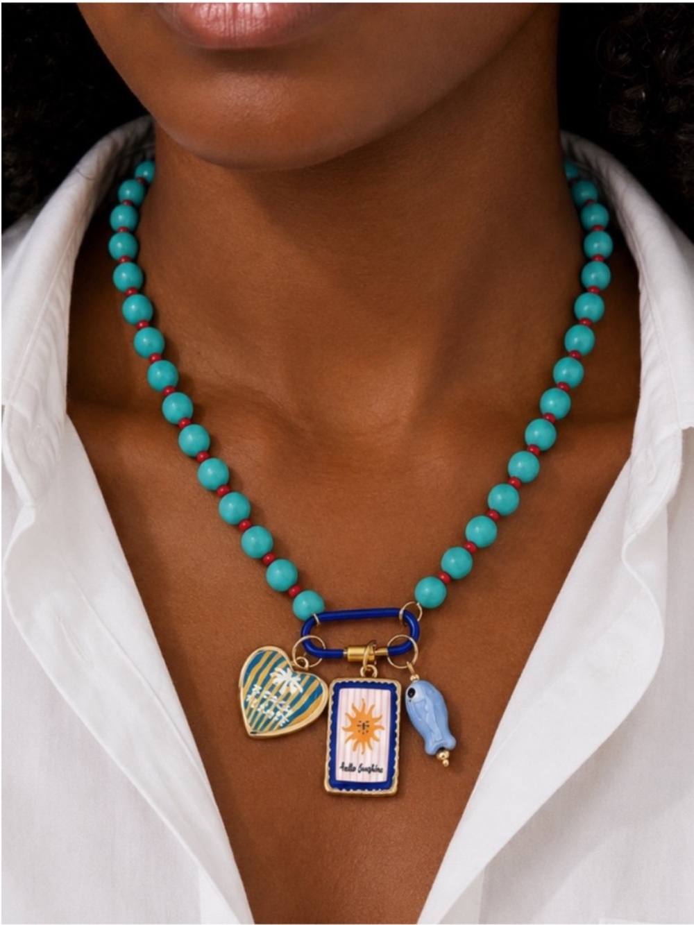 New! Coastal Colorful Blue Beaded Carabiner Necklace NWOT 5034